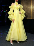 Melek Yellow Halter Flower Long Sleeve Maxi Dress Flowering Girl