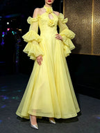Melek Yellow Halter Flower Long Sleeve Maxi Dress Flowering Girl