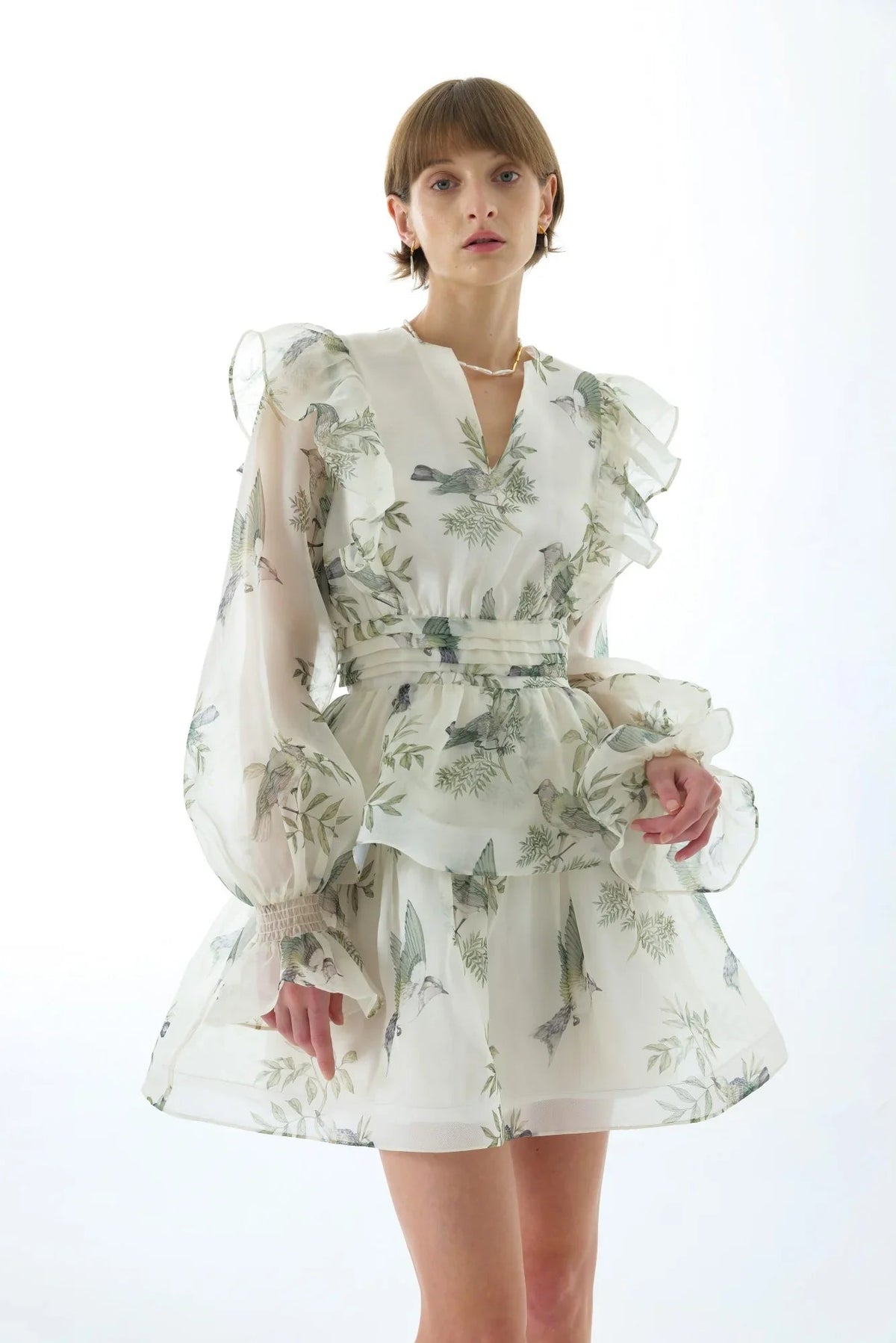 Norma Floral Print Silk Organza Tie Neck Mini Dress Flowering Girl