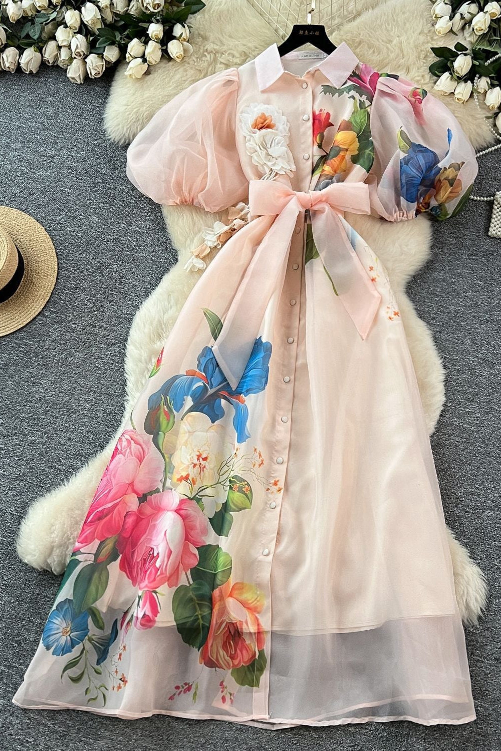 Single-Breasted Floral Printed Puff Sleeve Maxi Dress In Apricot Flowering Girl