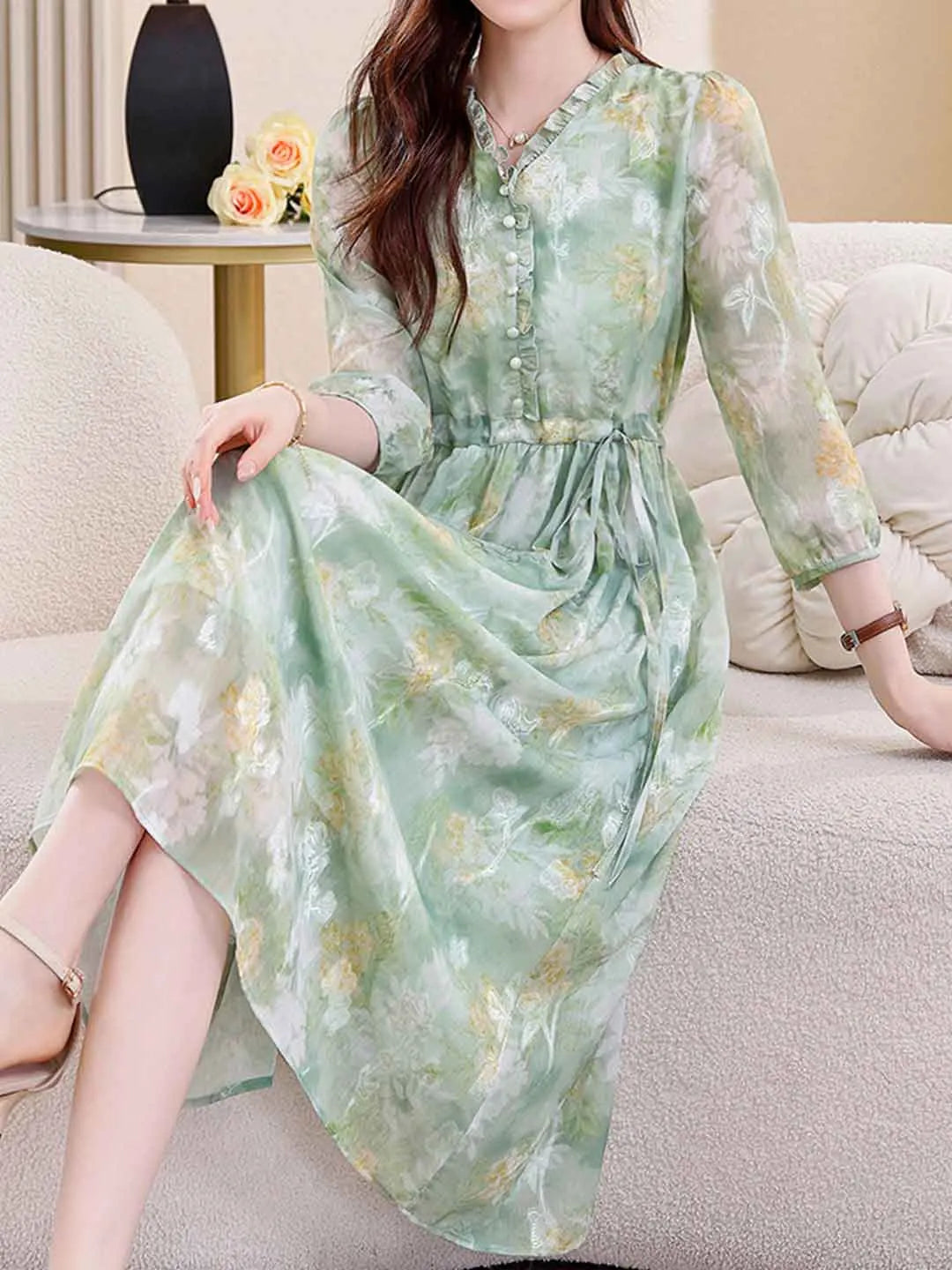 Martha Vacation Auricular Collar Jacquard Drawstring Dress Flowering Girl
