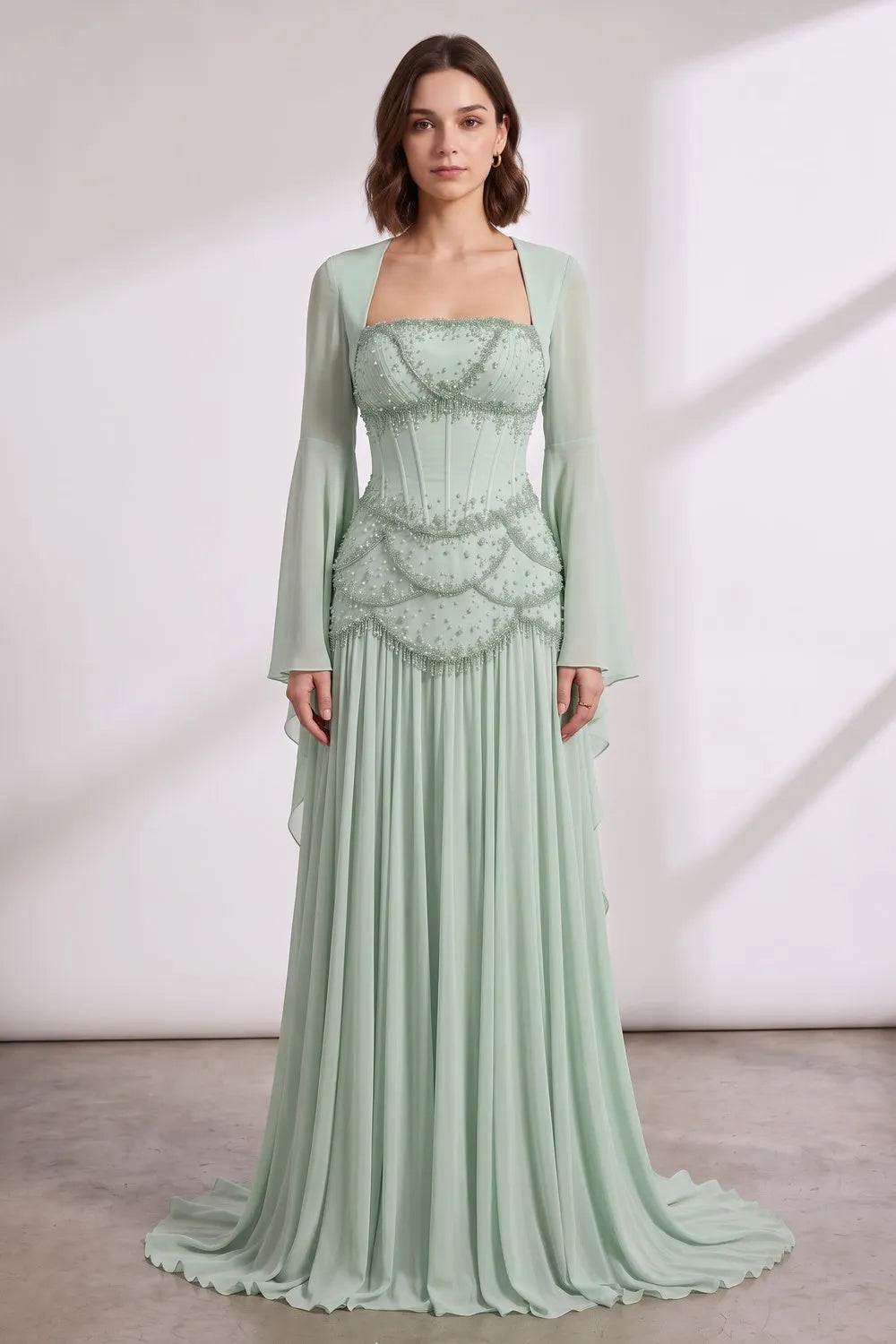 Mint Green Chiffon A-Line With Structured Corset Bodice Floor-Length Gown With Matching Long-Sleeve Shrug Flowering Girl