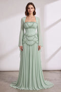 Mint Green Chiffon A-Line With Structured Corset Bodice Floor-Length Gown With Matching Long-Sleeve Shrug Flowering Girl