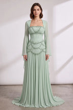 Mint Green Chiffon A-Line With Structured Corset Bodice Floor-Length Gown With Matching Long-Sleeve Shrug Flowering Girl