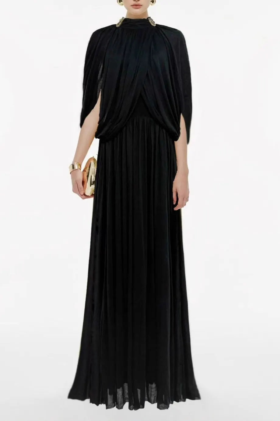Leona Black Draped Cape Sleeve Knit Maxi Dress Flowering Girl