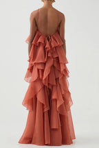 Off-Shoulder Ruffle Layered Maxi Dress In Coral Clay Flowering Girl