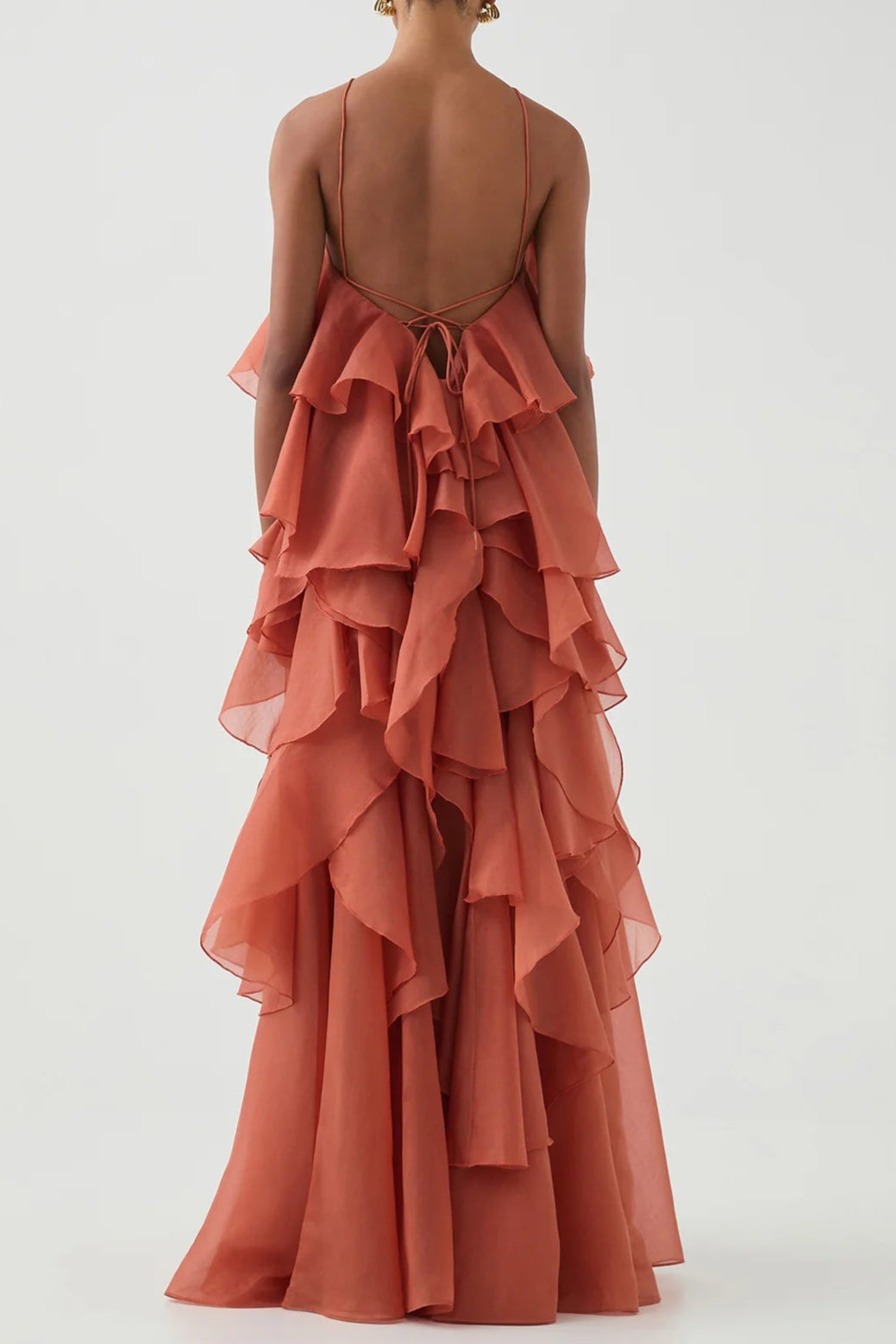 Off-Shoulder Ruffle Layered Maxi Dress In Coral Clay Flowering Girl