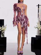 Xandrik One Shoulder Leaf Mesh Dress Flowering Girl