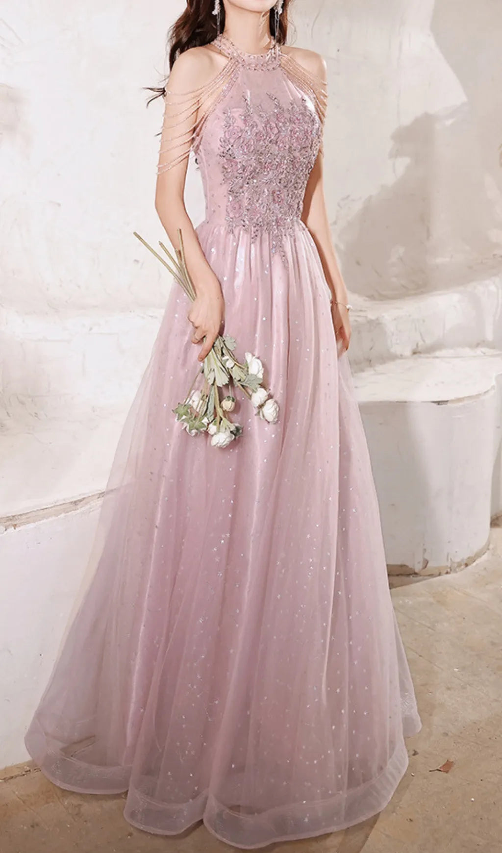 Cleon Halter Flower Sequin Maxi Dress Flowering Girl