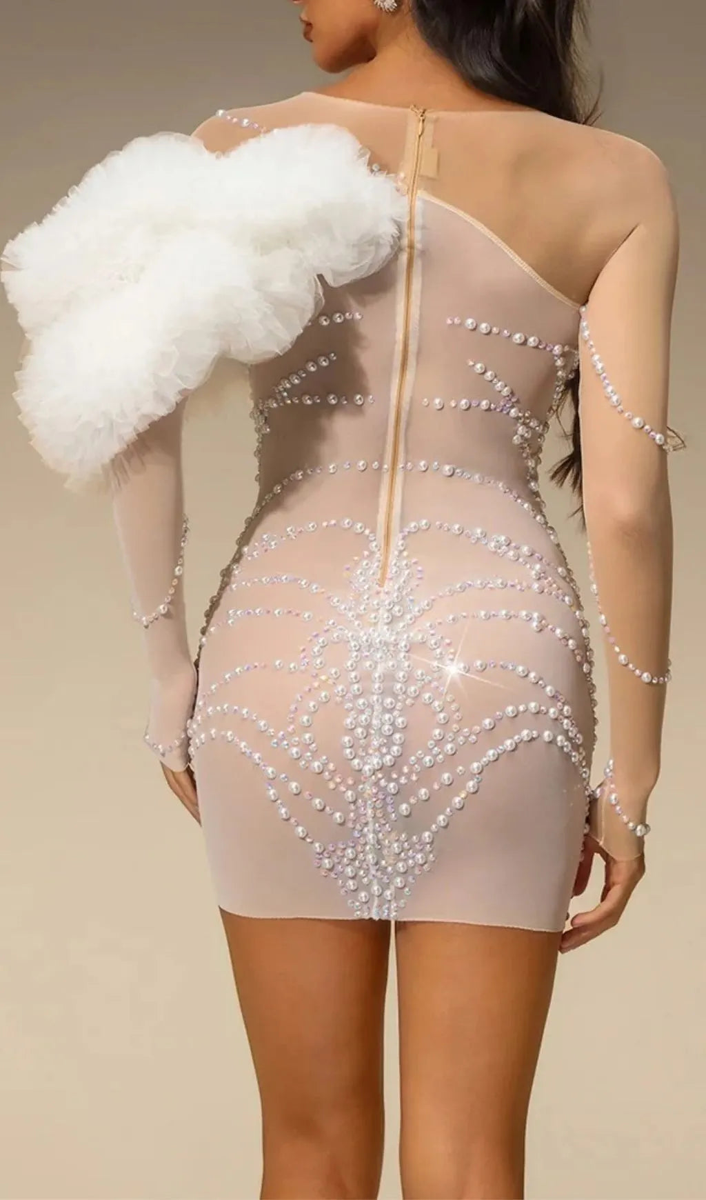 Torvex Long Sleeve Tulle Pearl Mini Dress Flowering Girl