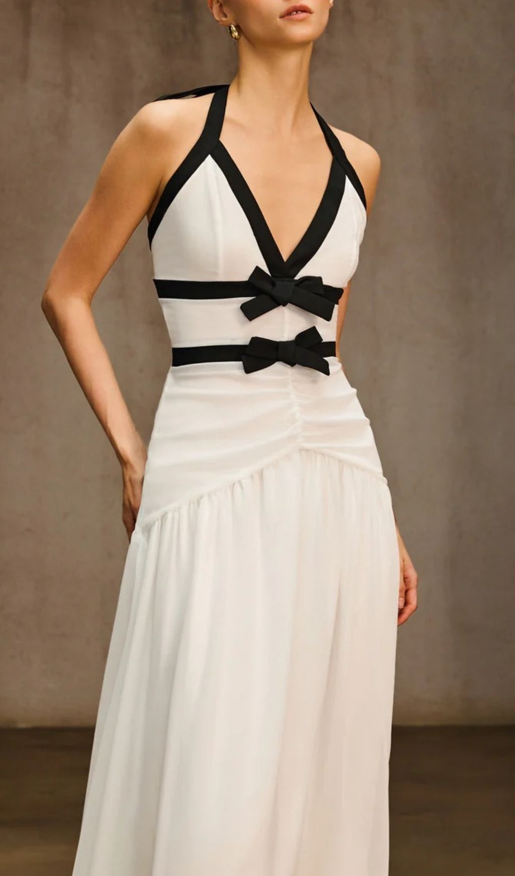 Ovelixor V Neck Bow Ruched Maxi Dress Flowering Girl