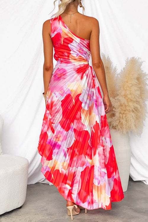 One Shoulder Sleeveless Print Asymmetric Maxi Pleated Dress Flowering Girl