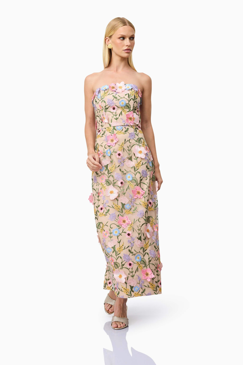 Helena Strapless Midi Dress In Floral Apricot Flowering Girl