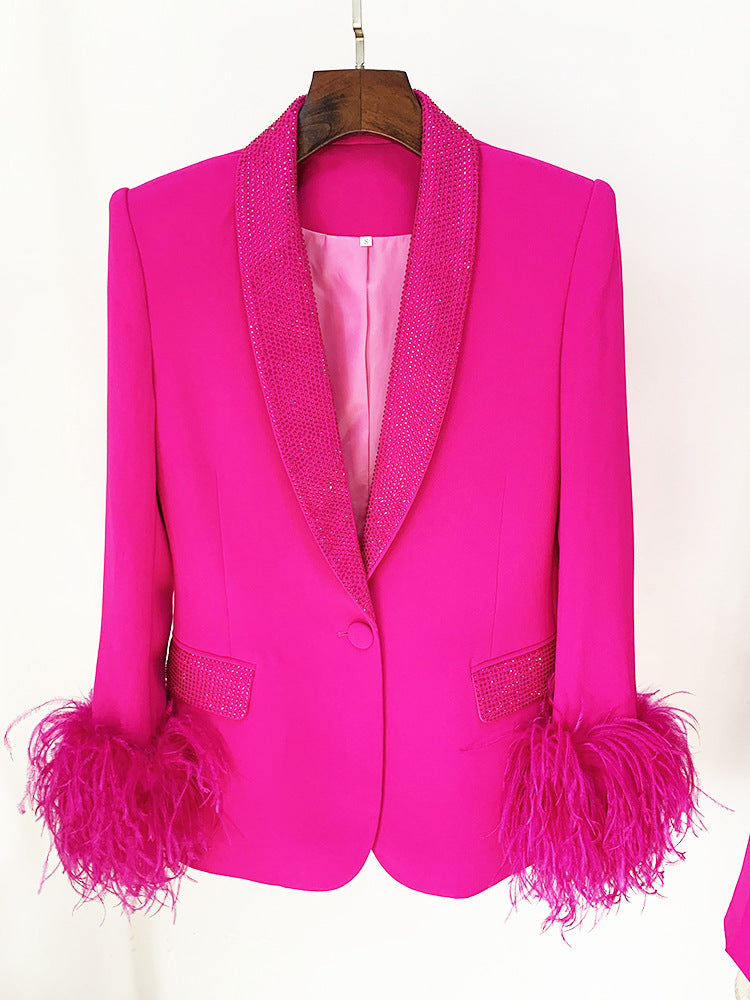 Rhinestone Feather Blazer In Pink Flowering Girl