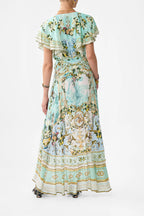 Green-Multi Printed Ruffled V-Neck Irregular Hem Silk Maxi Dress Flowering Girl