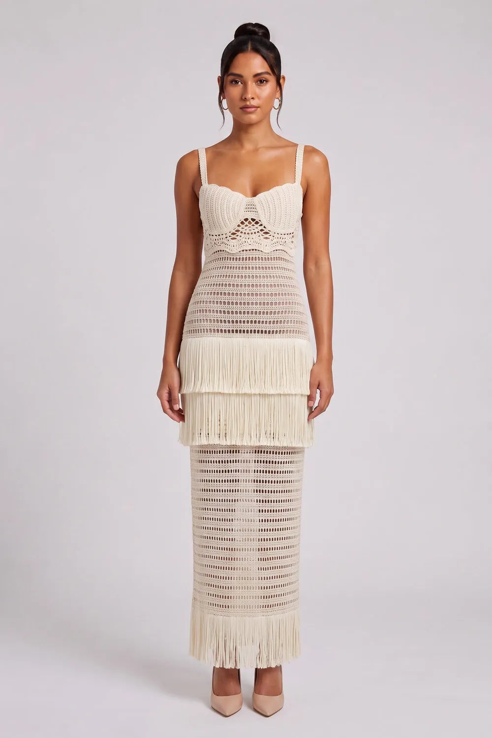 Cream Crochet Knit Column Dress Flowering Girl