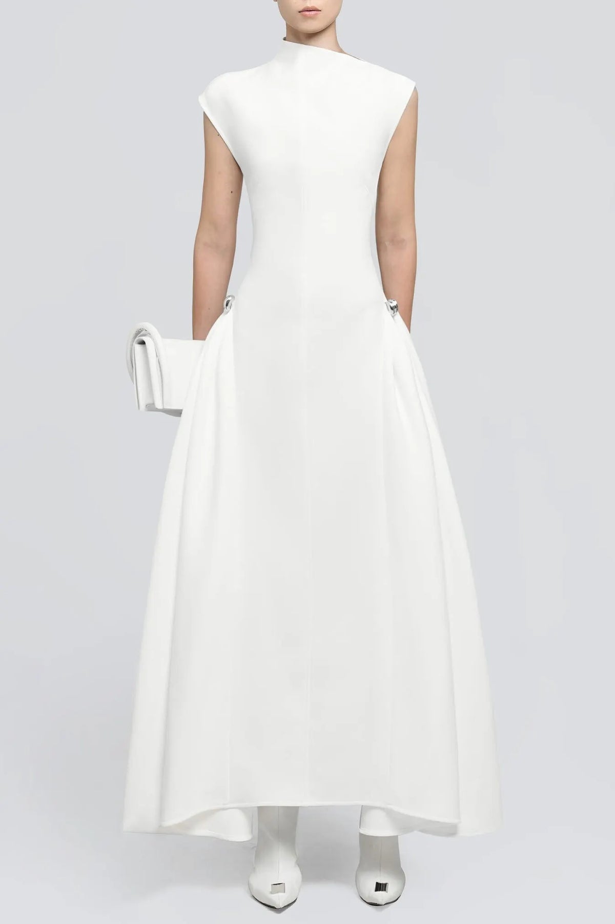 Eorkone Symmetric Drapes Flared Midi Dress - White Flowering Girl