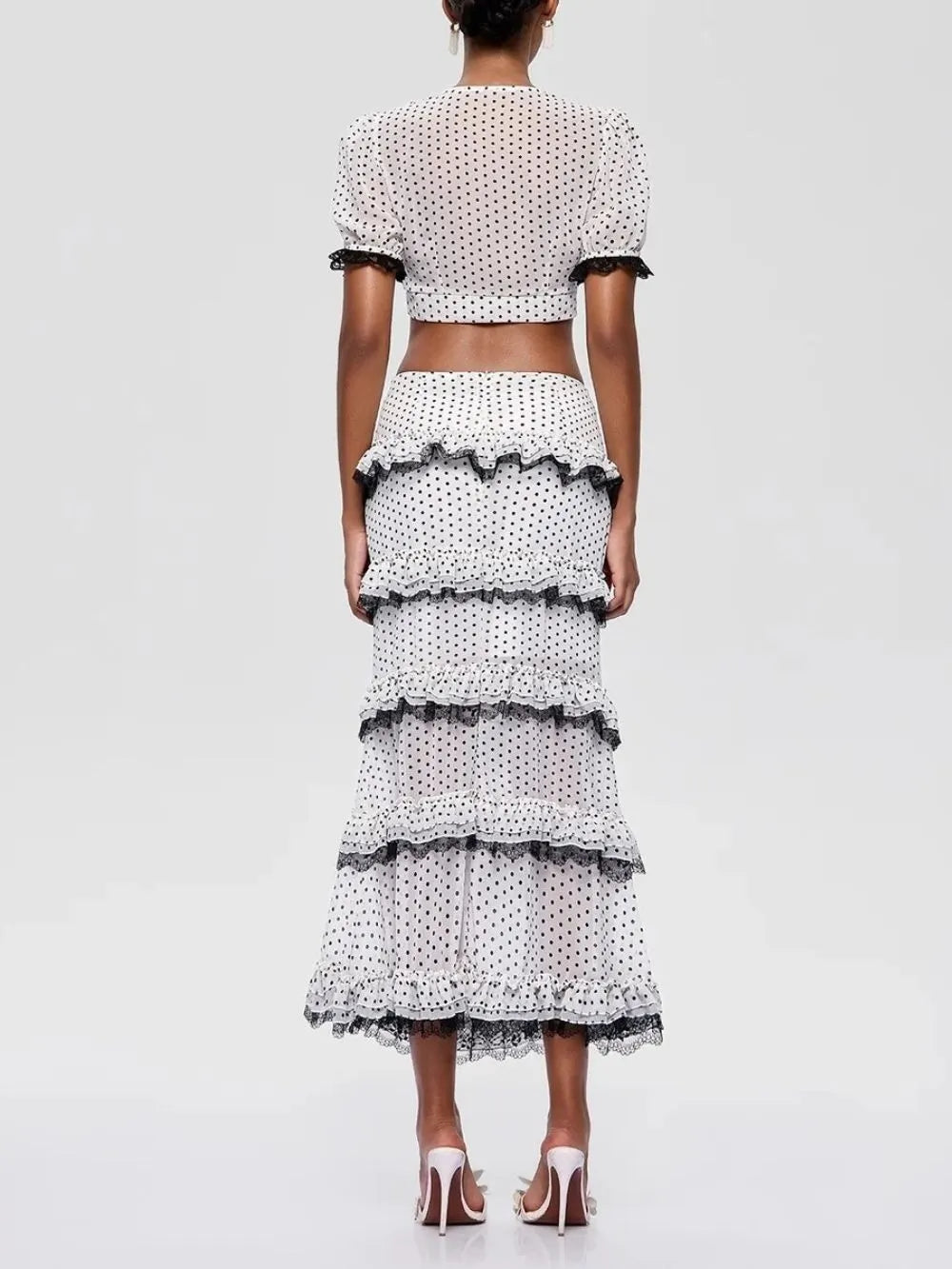 Franny V Neck Lace Ruffle Dot Skirt Set Flowering Girl