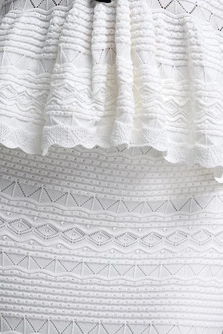 White Hollow Knit V-Neck Bow Peplum Vest Mermaid Skirt Two-Piece Set Flowering Girl