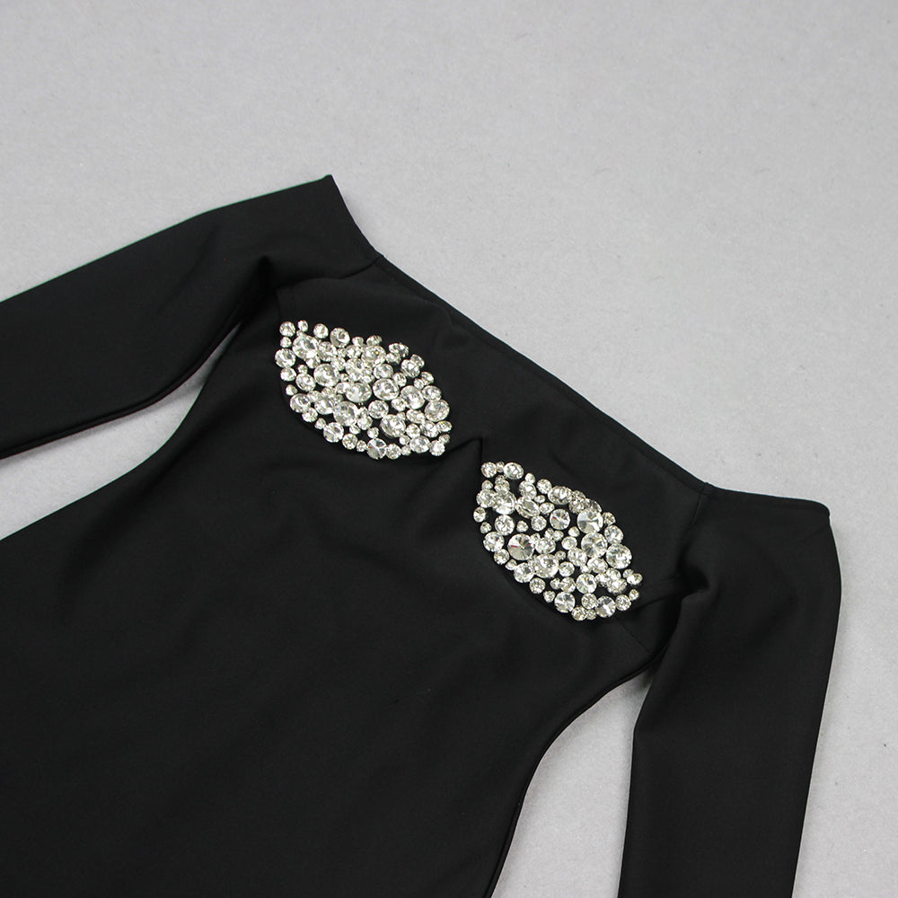 Black Off Shoulder Crystal Cup Mini Dress Flowering Girl