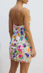 Fanny White Embroidered Sequins Backless Mini Dress Flowering Girl