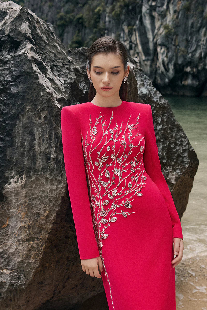 Hilary Red Padded Shoulder Crystal Embellished Straight Maxi Dress Flowering Girl