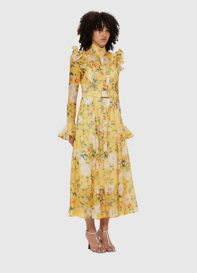 Daisy Print Butterfly Sleeve Midi Dress In Yellow Flowering Girl