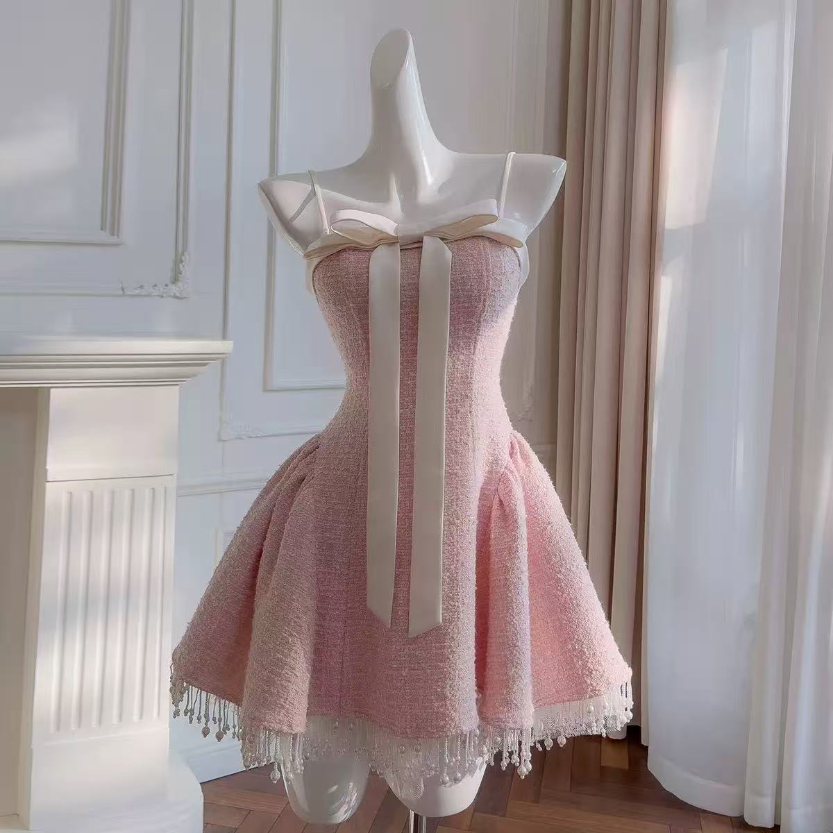 Tweed Bow Mini Dress In Pink Flowering Girl