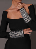 Square Neck Diamond Tight Bandage Maxi Dress In Black Flowering Girl