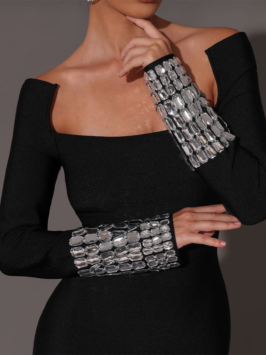 Square Neck Diamond Tight Bandage Maxi Dress In Black Flowering Girl