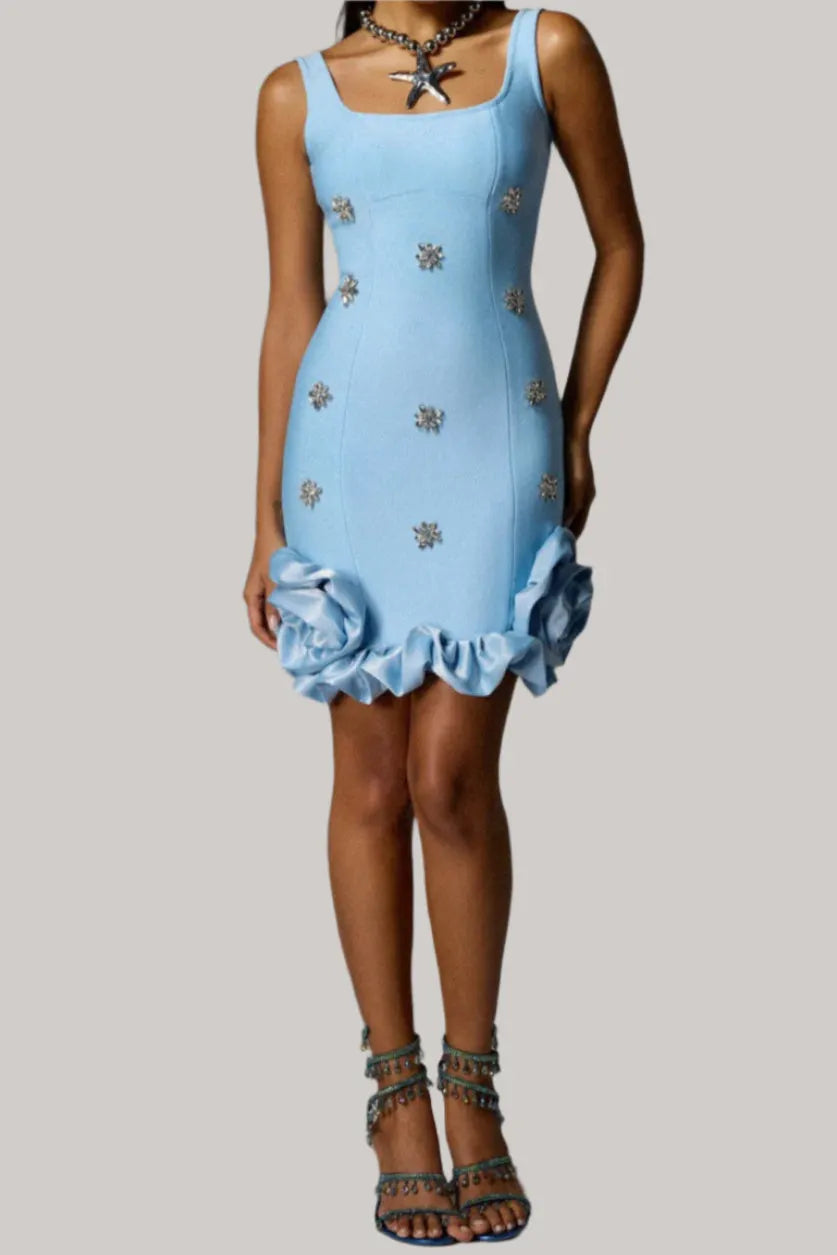rachel Rhinestone Flower Bandage Mini Dress in blue Flowering Girl