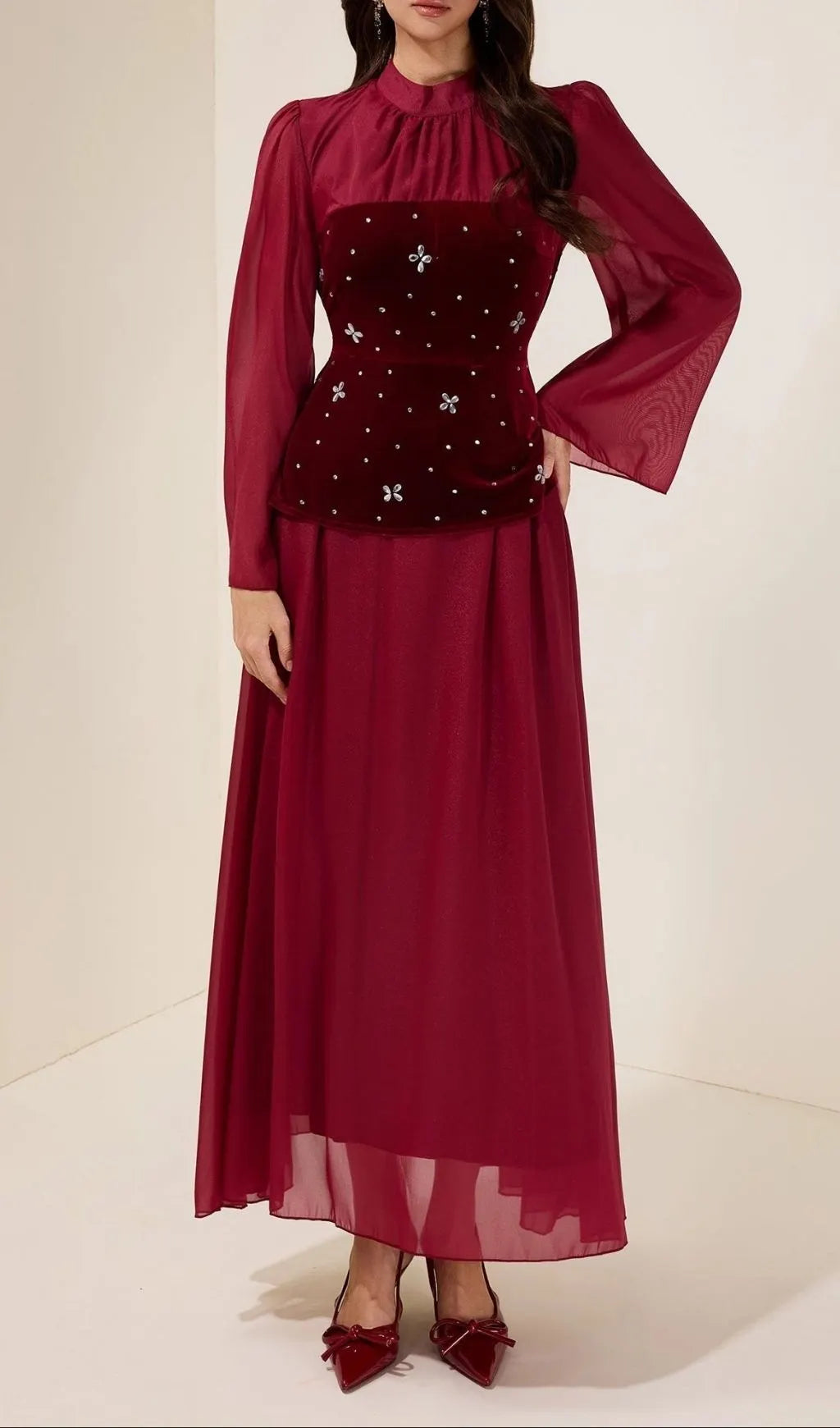 Caroline Rhinestone Velvet Splicing Maxi Dress - Burgundy Flowering Girl