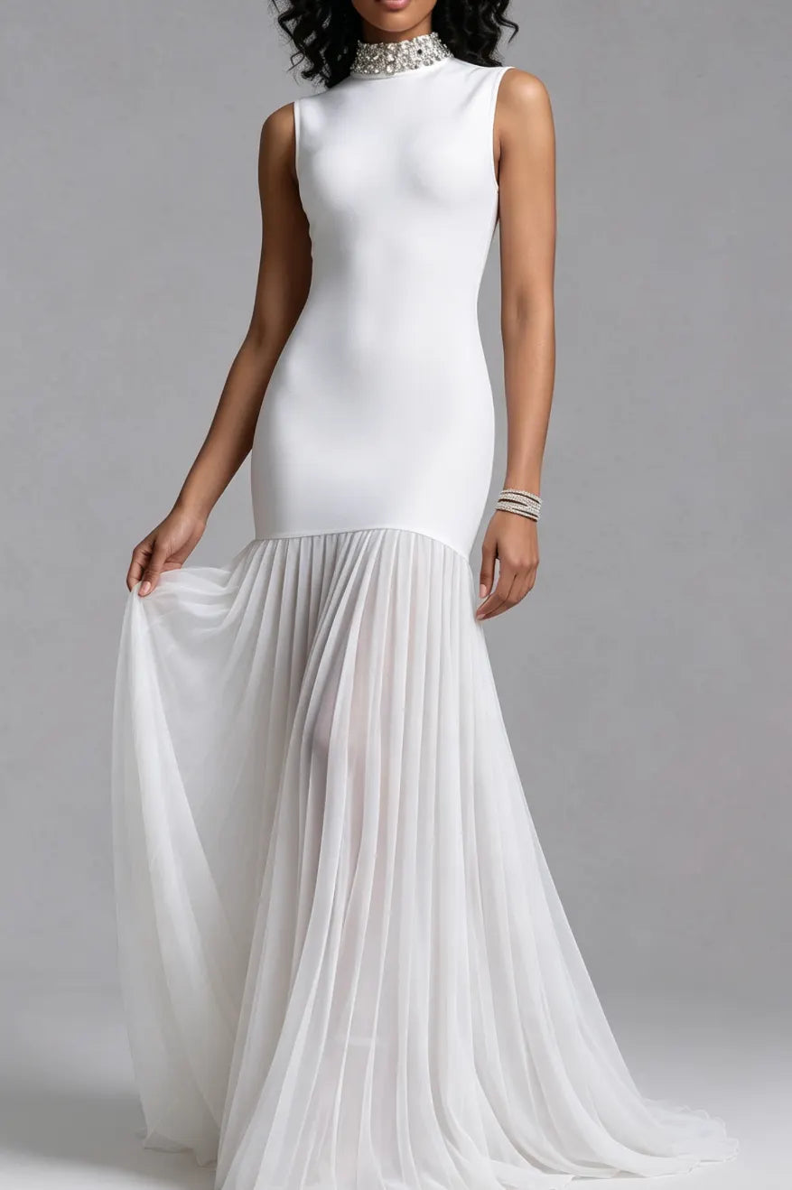 Rhinestone High Neck Sleeveless Bandage Chiffon Maxi Dress Flowering Girl