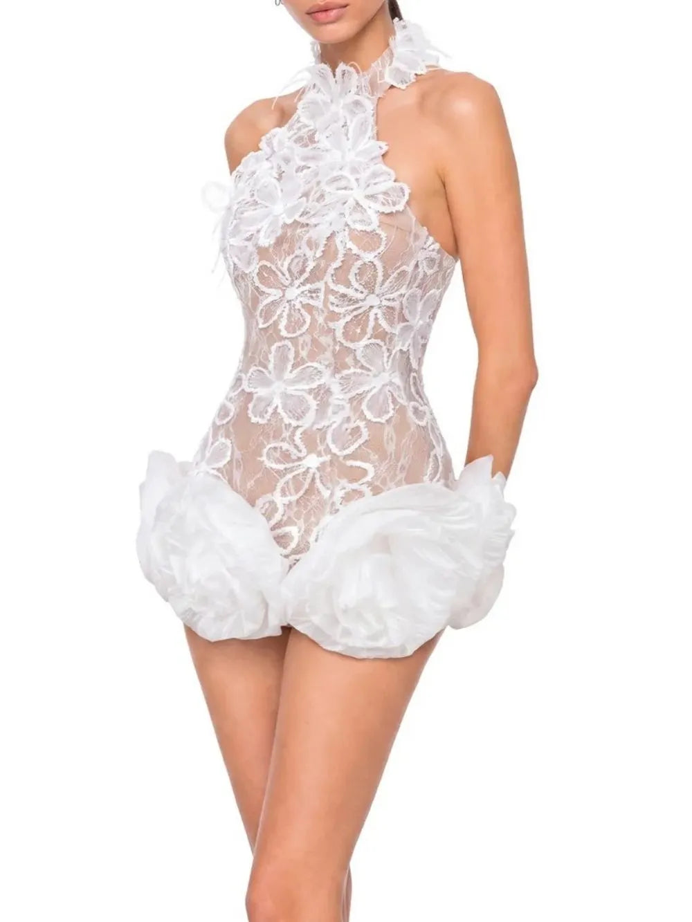 Ulanne Flower Lace Mini Dress In White Flowering Girl