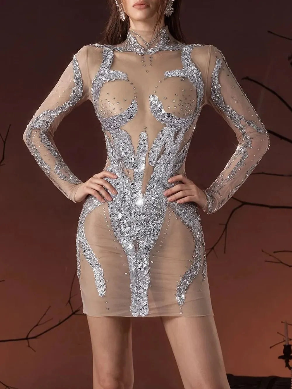 Inflector Sequin Mesh Rhinestone Mini Dress Flowering Girl