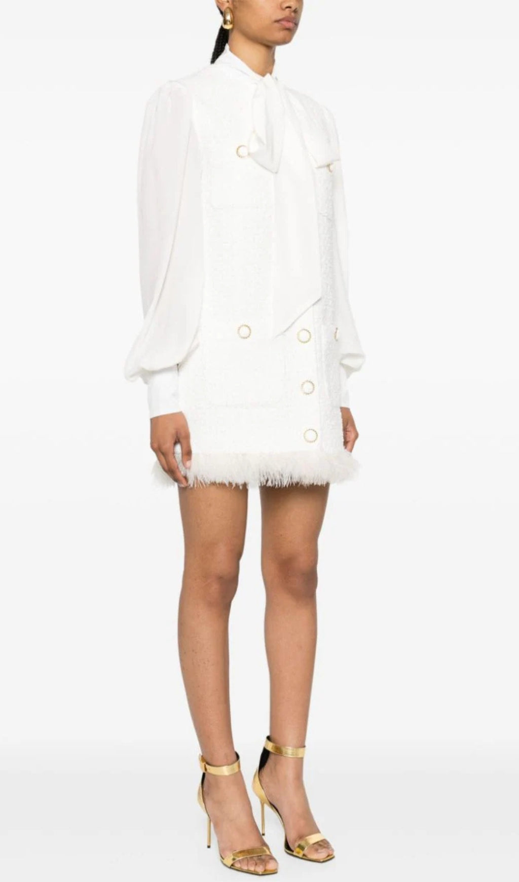 Bush White Feather-Trim Tweed Mini Dress Flowering Girl