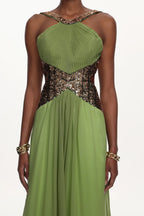 Virginia Green Halter Pleated Cut Out Sequin Maxi Dress Flowering Girl
