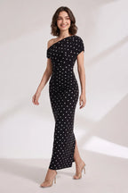 Black Polka Dot One-Shoulder Maxi Dress Flowering Girl