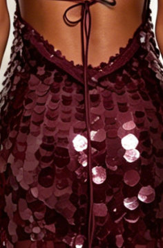 Burgundy Sequined Mesh Sheath with Flared Sheer Lower Skirt Evening Dress Flowering Girl