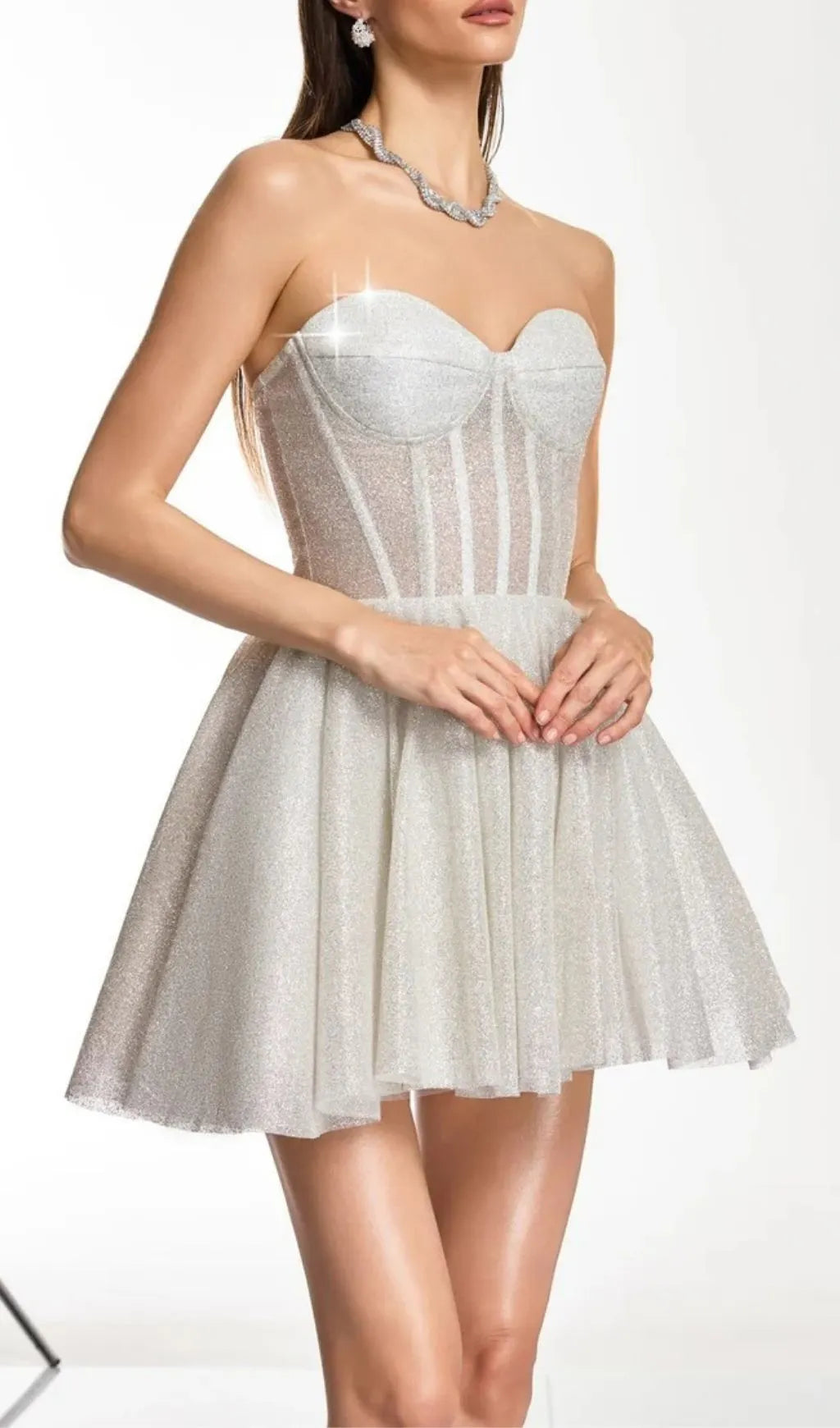 Darda Strapless Glitter Corset Mini Dress In White Flowering Girl