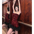 Quintina Sequin Feather Strapless Mini Dress In Red Flowering Girl