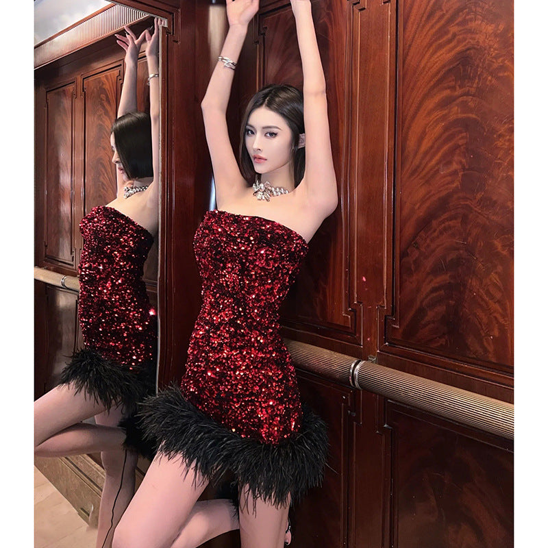 Quintina Sequin Feather Strapless Mini Dress In Red Flowering Girl