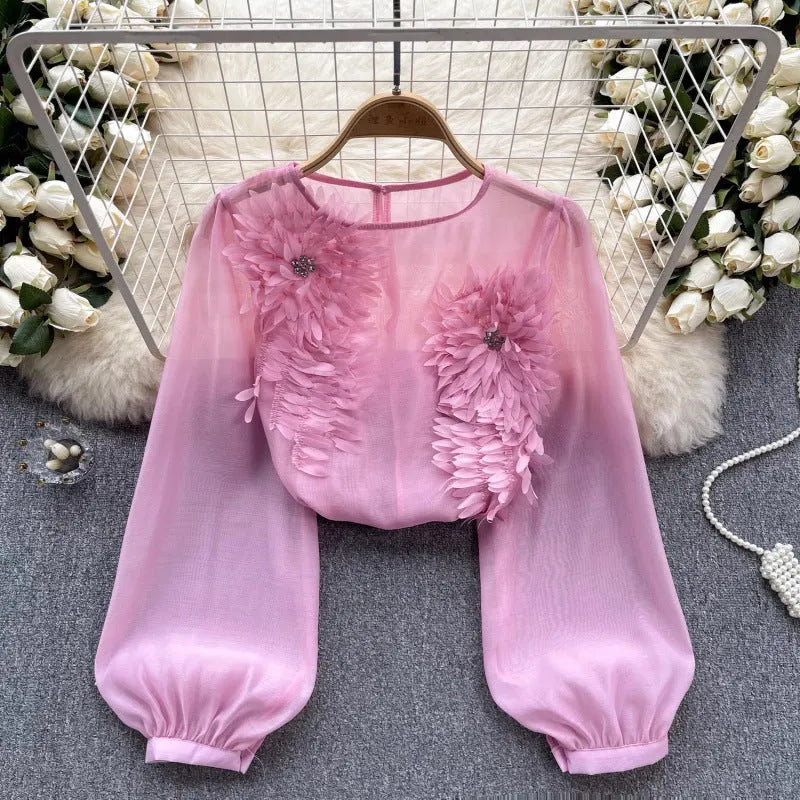 3D Floral Puff Sleeve Tulle Shirt Flowering Girl