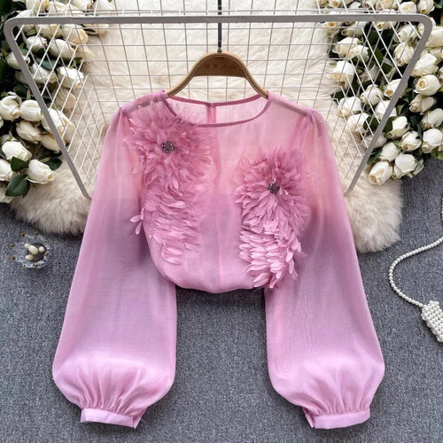 3D Floral Puff Sleeve Tulle Shirt Flowering Girl