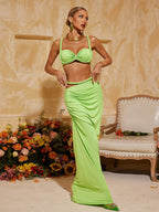 Xinia Spaghetti Ruched Skirt Set In Green Flowering Girl