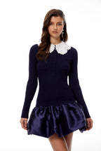 Lorraine Navy Blue Satin Panel Knit Mini Dress Flowering Girl
