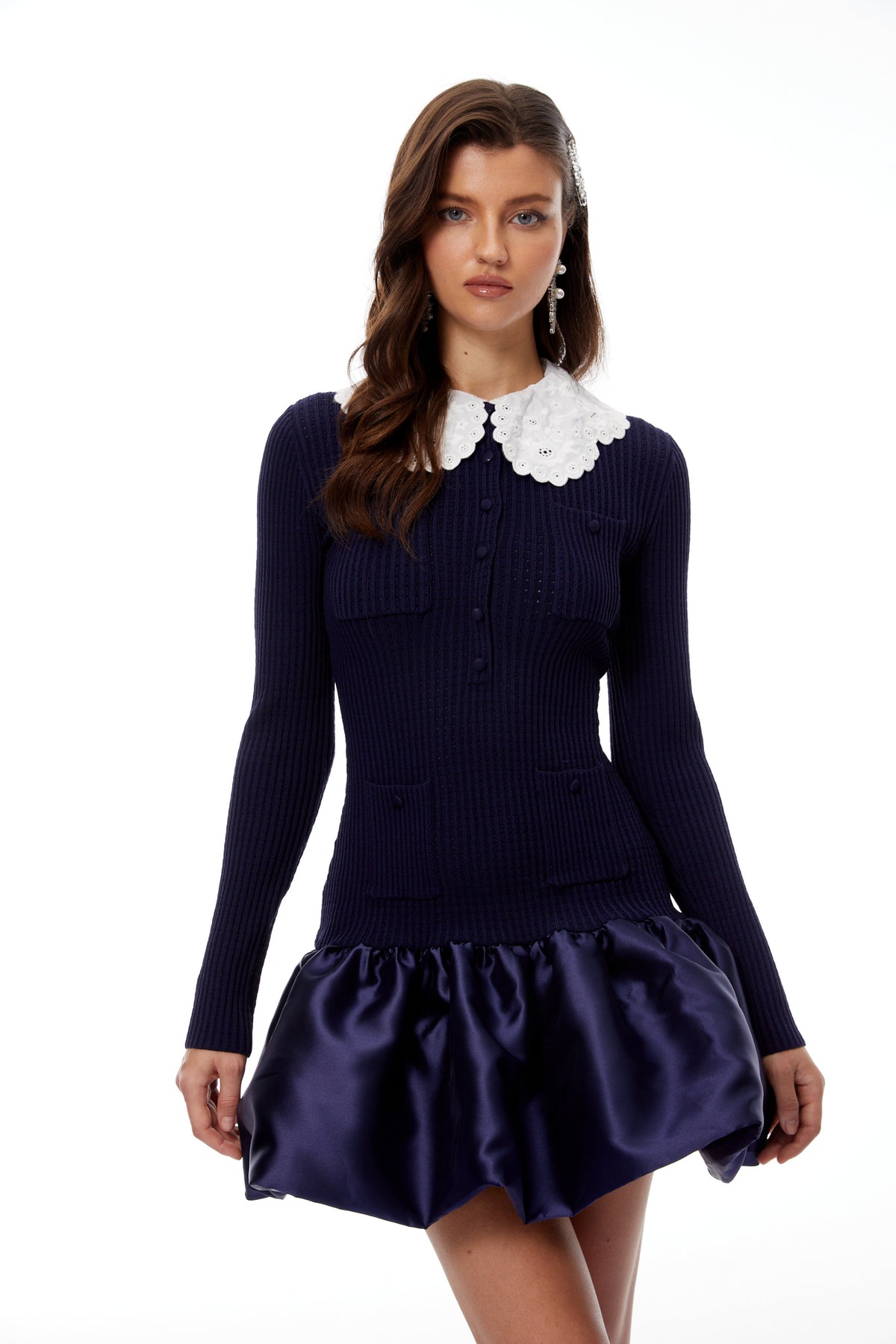 Lorraine Navy Blue Satin Panel Knit Mini Dress Flowering Girl