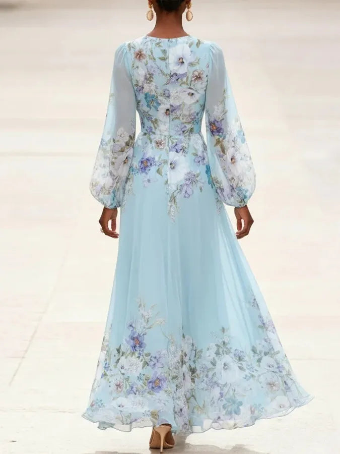 Light Blue V-neck Chiffon Printed Maxi Dress Flowering Girl