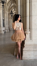 Ballerina | Beige Tulle Mini Dress With 3D Applique Flowering Girl
