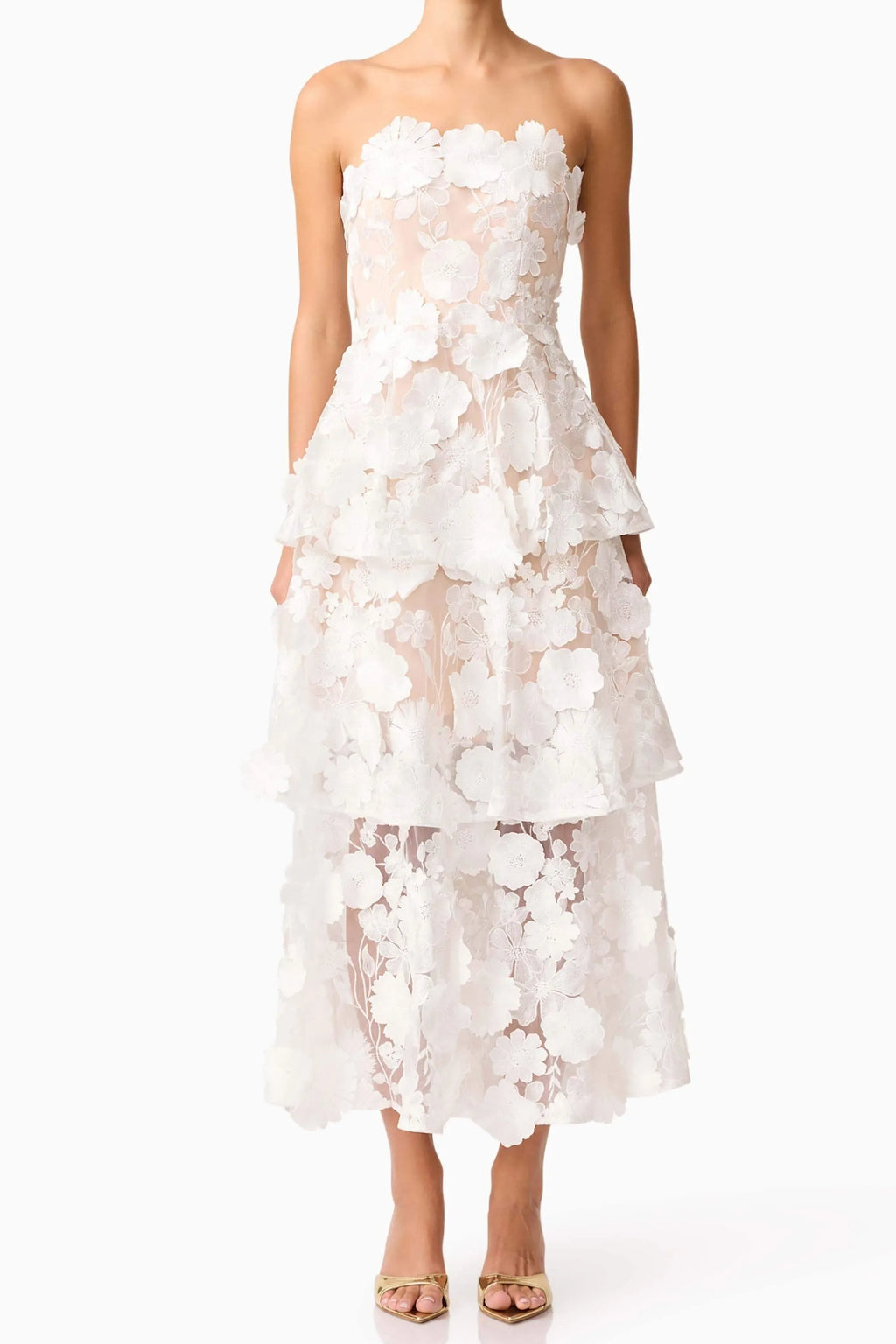 Selene 3D Flower Tiered Maxi Dress In White Flowering Girl